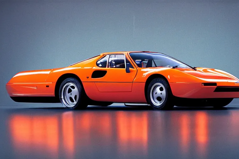 Image similar to studio photoshoot designed by giorgetto giugiaro of a single 1 9 8 8 fj 4 0 miura citroen dm bmw m 1, thick neon lights, ektachrome photograph, volumetric lighting, f 8 aperture, cinematic eastman 5 3 8 4 film