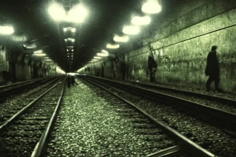 Image similar to very large giant mutant zombie irradiated ( angry rat ) staying on railways in tonnel of moscow subway. extreme high detail, very realistic. extreme long shot, low dark light, scary mood.