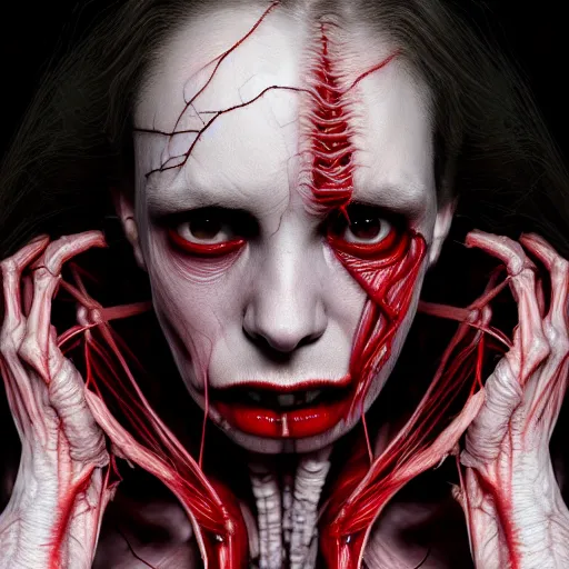 Image similar to female vampire monster with translucent skin, visible muscles and veins and arteries and bones and spine and nerves, beautiful detailed intricate insanely detailed octane render, 8K artistic photography, photorealistic, chiaroscuro, by David Cronenberg, Raphael, Caravaggio