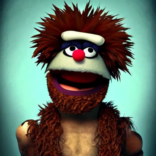 Image similar to a still of a forgotten muppet character looking very manly and modern, hilarious, laughing, hairy chest, huge chin, manly monster tough guy, roughled fur, photo real, photographic, photograph, artstation, trending, featured