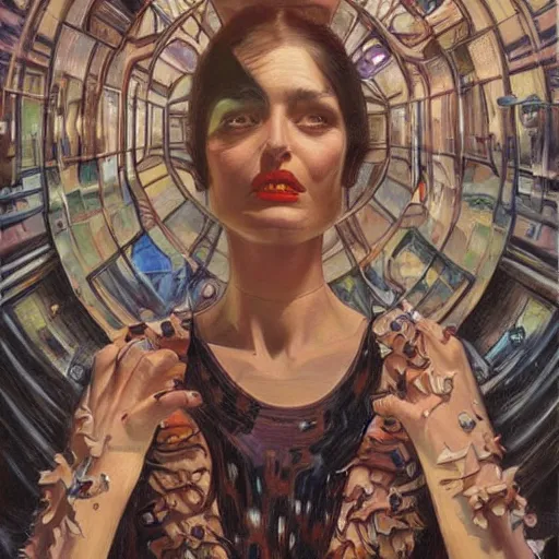 Prompt: realistic detailed modern art deco painting of weird mysterious portraits from layers of fear in the style of donato giancola sharp focus