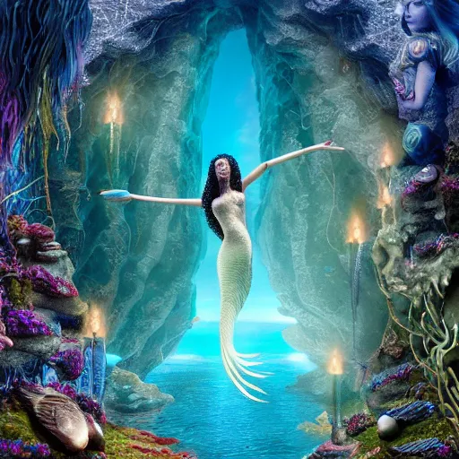 Image similar to unreal engine, octane render, intricate detail, gilbert williams portrait of tan sumerian mermaid goddess atargatis, with aqua neon rapunzel dreadlocks adorned in seashells, near crystal temple in atlantis, iridescent dolphins swimming in the sea, unicorn flying in the sky, paleozoic atlantis