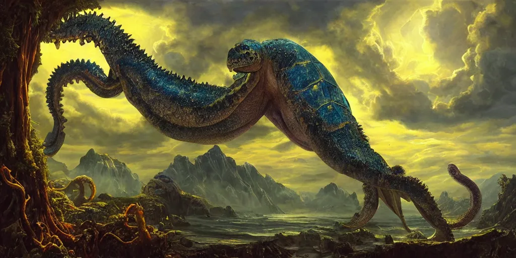 Image similar to fantasy oil painting, great leviathan, cybernetic turtle cephalopod terrapin reptilian pachyderm squid, bella hadid, hybrid, milla jovovich, anubis, epic natural light, lush plants flowers, spectacular mountains, bright clouds, luminous sky, outer worlds, golden hour, michael cheval, edward hopper, michael whelan, vray, hd