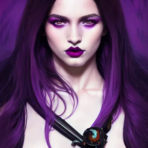 Image similar to american evil girl black - purple long hair, tane skin, purple eyes, dark purple lips, intricate, elegant, highly detailed, my rendition, digital painting, artstation, concept art, smooth, sharp focus, illustration, art by artgerm and greg rutkowski and alphonse mucha and uang guangjian and gil elvgren and sachin teng, symmetry!!