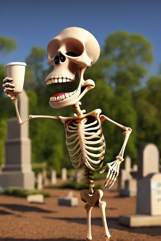 Image similar to a funny skeleton character holding a cup of coffee on a cemetery. pixar disney 4 k 3 d render funny animation movie oscar winning trending on artstation and behance. ratatouille style.