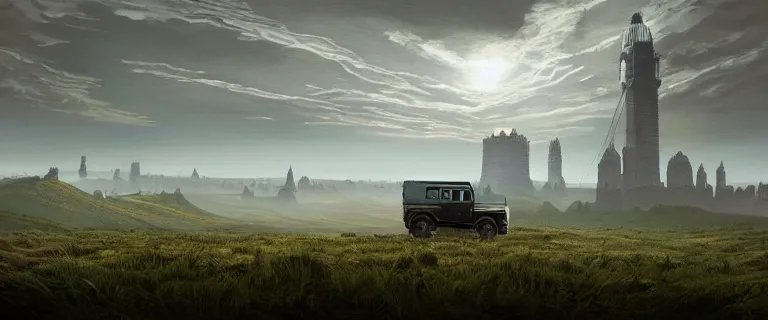 Prompt: Land Rover Defender 110 (1985), an epic fantasy, dramatic lighting, cinematic, establishing shot, extremely high detail, photorealistic, cinematic lighting, artstation, by simon stalenhag, The Elder Scrolls IV: Oblivion, Green Cyrodiil plains, Imperial City with the Adamantine Tower in the middle in the distance, at day