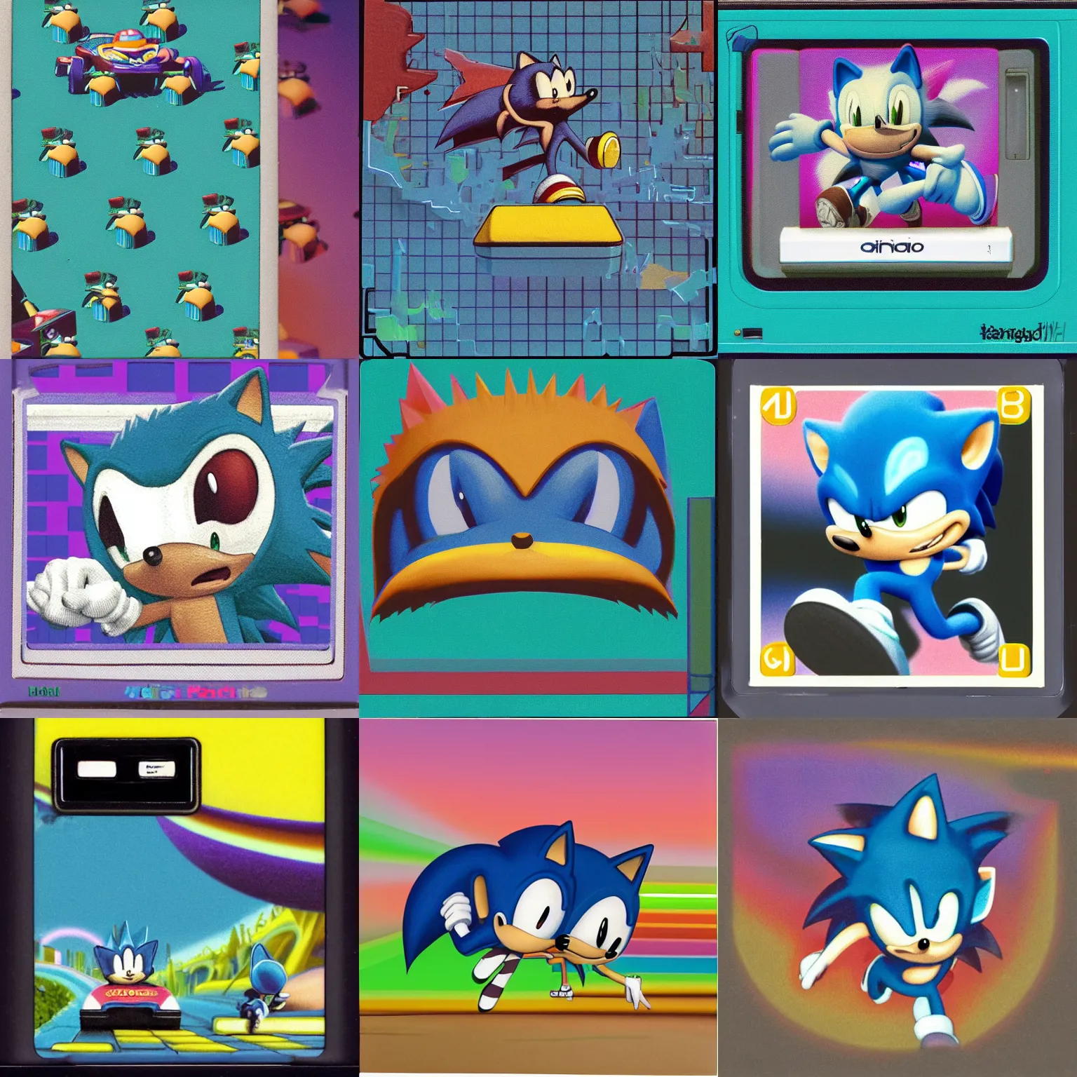 Prompt: polaroid aesthetic portrait of sonic hedgehog and a matte painting landscape of a surreal, sharp, foggy, detailed professional, soft pastels, high quality airbrush art album cover of a liquid dissolving airbrush art lsd dmt sonic the hedgehog swimming through cyberspace, teal checkerboard background, 1 9 8 0 s 1 9 8 2 sega genesis rareware video game album cover