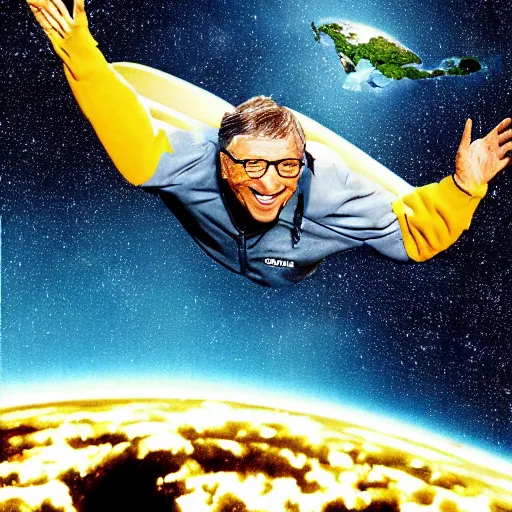 Prompt: Bill Gates doing a backflip into a spaceship while the earth is exploding