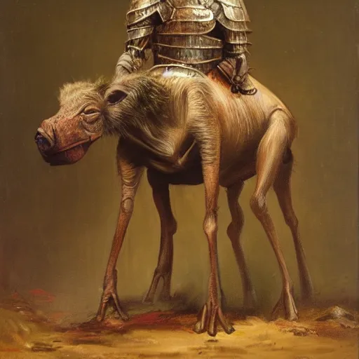 Prompt: Muddy bipedal warthog in armor. oil on canvas, private collection