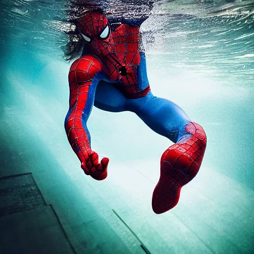 Image similar to underwater shoot photo of Spiderman , high detail , perfect photo