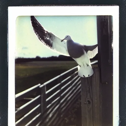 Prompt: photo polaroid of a seagull sitting on top of fence, Norman Rockwell