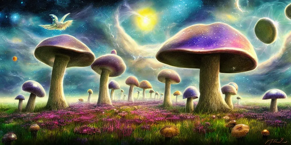 Image similar to spaceport fantasy meadow mushroom lattice, award winning art, epic dreamlike fantasy landscape, art print, science fiction, ultra realistic,