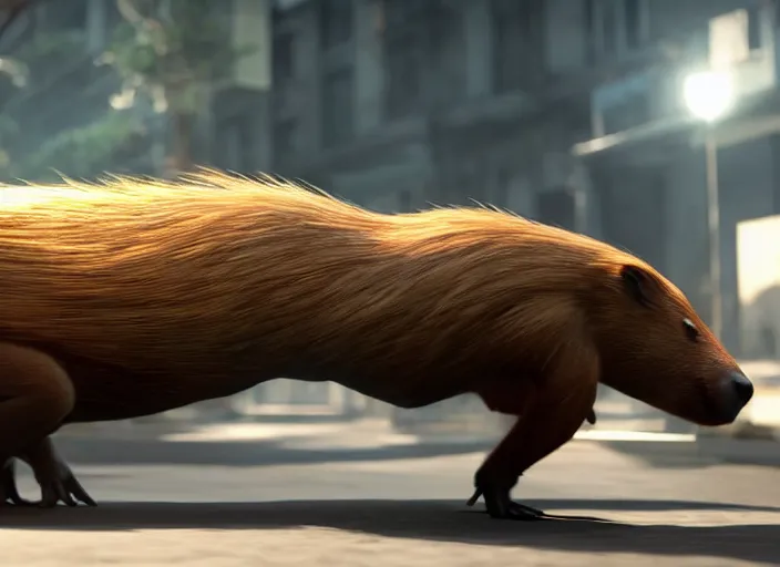 Image similar to venom fused with a capybara, ultra realistic 4 k unreal engine very cinematic render with ray tracing bloom ambient occlusion strong reflections depth of field fog