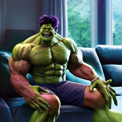Prompt: A high definition photo of a happy and smiling incredible hulk drinking a cup of coffee on a couch in his living room, hyperdetailed, artstation, digital art, photorealism, accurate, 8k,