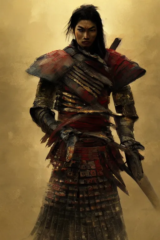 Image similar to samurai warrior, close - up portrait, fierce, intricate, elegant, volumetric lighting, scenery, digital painting, highly detailed, artstation, sharp focus, illustration, concept art, ruan jia, steve mccurry