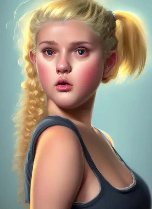 Image similar to full body teenage betty cooper, blonde hair, obese, bangs, ponytail, sultry, realistic, sultry smirk, ponytail, fluffy bangs, curly bangs, fat, belly, beautiful girl, intricate, elegant, highly detailed, digital painting, artstation, concept art, smooth, sharp focus, illustration, art by wlop, mars ravelo and greg rutkowski