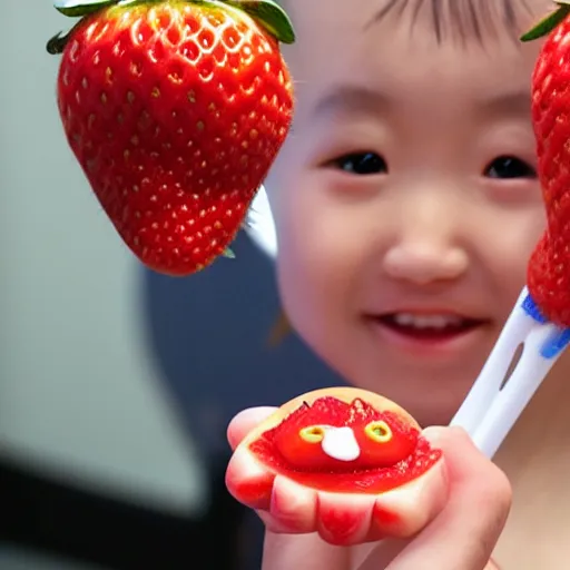 Image similar to a cute strawberry with two front teeth, holding a yellow toothbrush, in the style of chiho aoshima