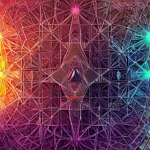 Prompt: sacred geometry cyberpunk heaven, brilliant 8k colors, digital photo realism