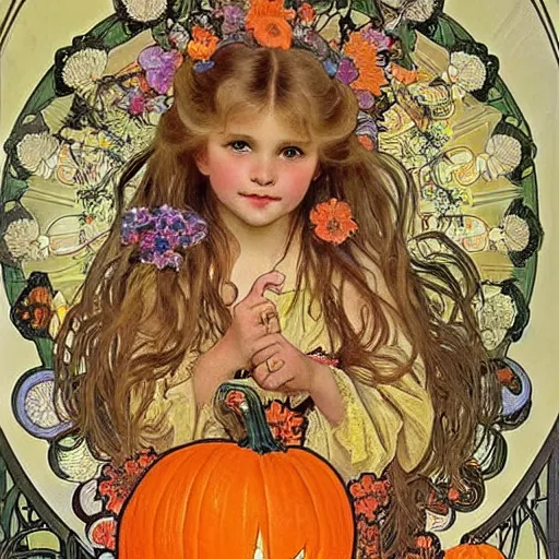 Image similar to a happy little girl with long straight golden blonde hair sitting amidst halloween decor, skulls and pumpkins. beautiful highly detailed face, beautiful painting by alphonse mucha