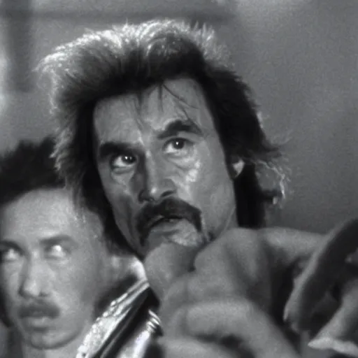 Prompt: Janusz Korwin-Mikke in a still from the movie Big Trouble in Little China (1986)