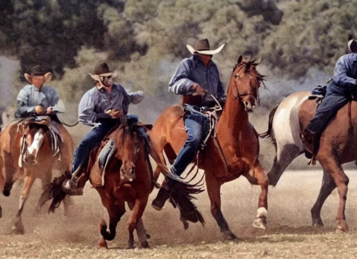 Image similar to a cowboy horse chase vigilantes with face masks disguise, shoot out, exploding horse wide shot, from the hit 1 9 9 0 s tv show on tnt