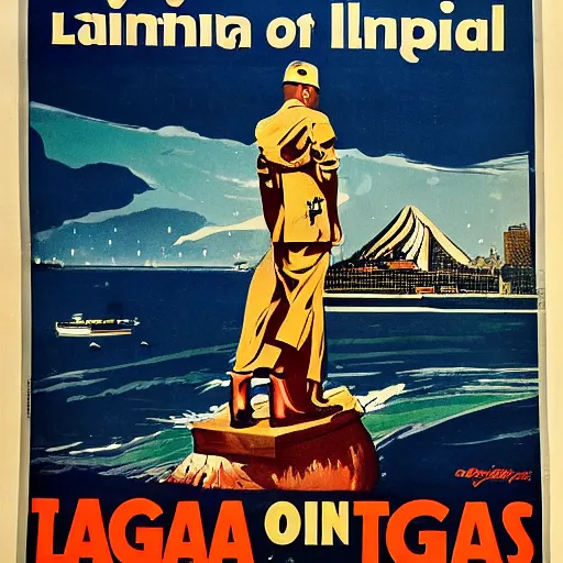 Image similar to ww 2 propaganda poster showing the tropical city of lagos nigeria