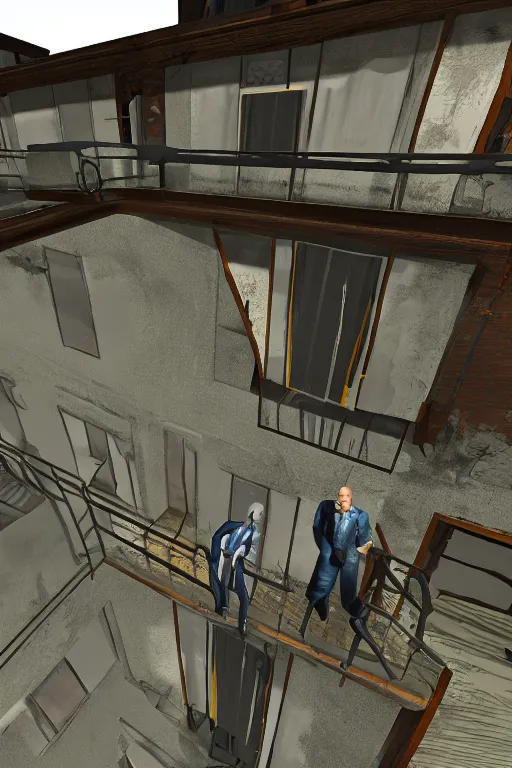 Image similar to A government man from Half-life stands on the balcony of a two-story panel house and watches, graphics in the style of games on the source engine, game graphics
