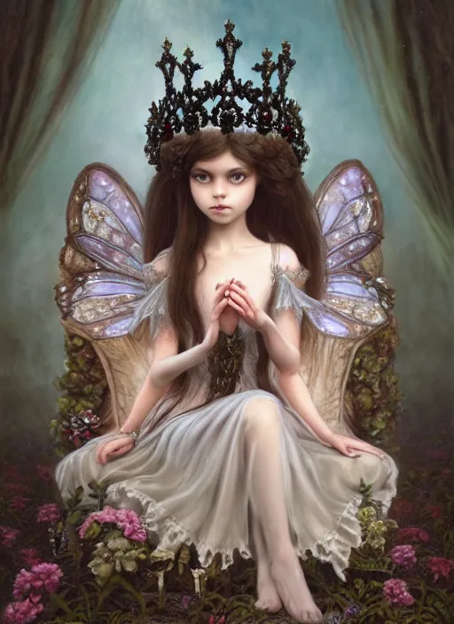 Image similar to highly detailed closeup, portrait of a gothic fairy princess wearing a crown and sitting on a throne, simple hands with straight fingers, unreal engine, nicoletta ceccoli, mark ryden, earl norem, lostfish, global illumination, detailed and intricate environment