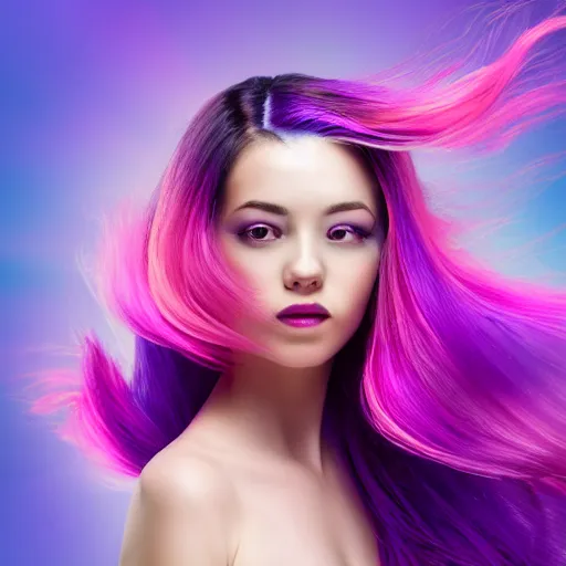 Prompt: a award winning half body portrait of a beautiful woman in a croptop with a ombre purple pink teal hairstyle with head in motion and hair flying, outrun, vaporware, vivid colors, highly detailed, fine detail, intricate