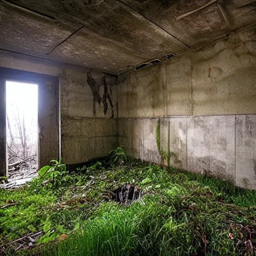 Image similar to abandoned, overgrown, underground bunker, waterfall room