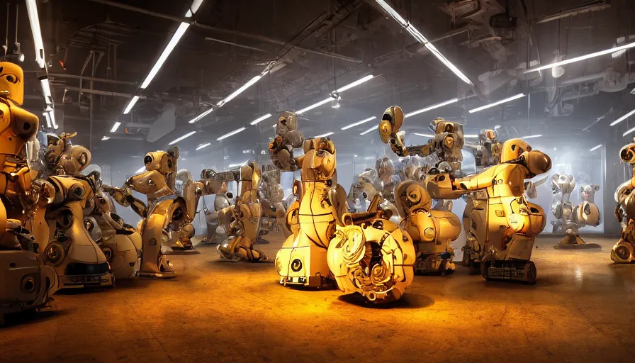 Image similar to award winning photo of robots in an art factory, dramatic lighting, 4 k