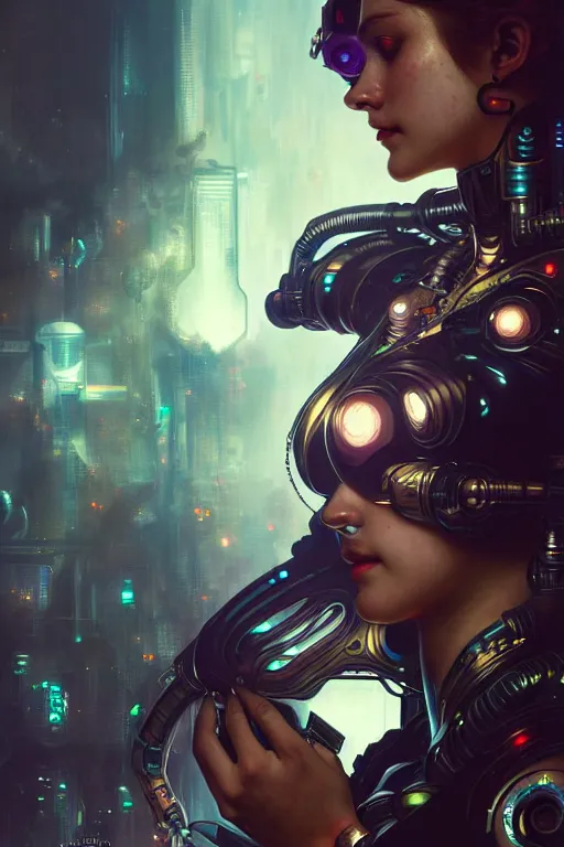 Image similar to ultra realistic, beautiful female cyborg in a crowded smoky cyberpunk club in space megalopolis, sci - fi, intricate details, eerie, highly detailed, octane render, 8 k, art by artgerm and alphonse mucha and greg rutkowski