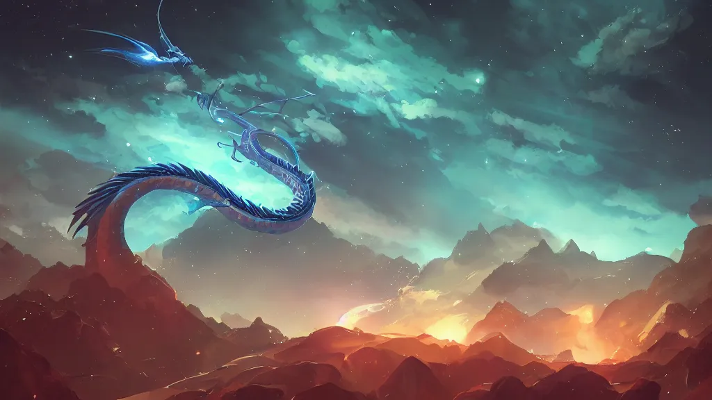 Image similar to a dragon worm flying through the night sky, glowing blue, surrounded by brilliant stars, by sylvain sarrailh, rossdraws, ambient light, ultra detailed, fantasy artwork, cinematic shot, 8 k, volumetric lighting, trending on artstation, award winning, very beautiful.