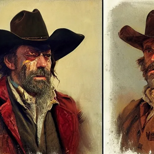 Image similar to Solomon Joseph Solomon and Richard Schmid and Jeremy Lipking victorian genre painting portrait painting of Jack Elam a rugged cowboy gunfighter old west character in fantasy costume, red background