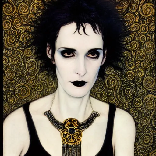 Image similar to death, a young and beautiful pale goth girl wearing a black vest and black punk hair, an ankh medallion hangs around her neck. the actress winona ryder, portrait by joshua middleton and gustav klimt, vertigo comic