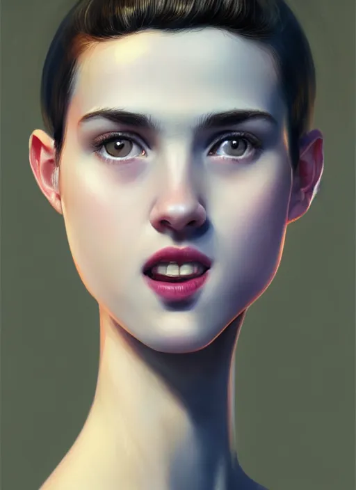 Image similar to portrait of white teenage girl, narrow face, short black hair and eyebrows, bangs, half updo hairstyle, buck teeth, unattractive, defined jawline, long chin, smile, hair bow, intricate, elegant, glowing lights, highly detailed, digital painting, artstation, sharp focus, illustration, art by wlop, mars ravelo and greg rutkowski