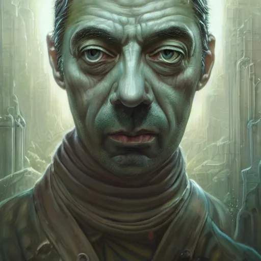 Image similar to lovecraft biopunk portrait of rowan sebastian atkinson by tomasz alen kopera and peter mohrbacher