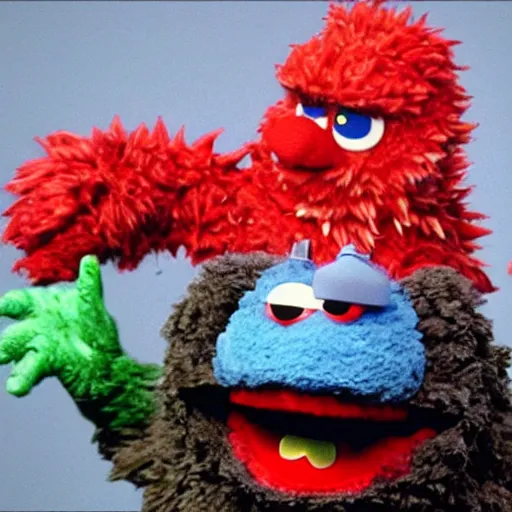 Image similar to godzilla elmo hybrid destroying sesame street