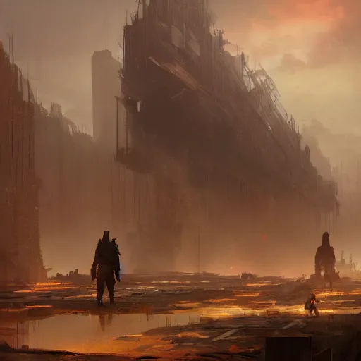 Prompt: few people in a post apocalyptic earth as seen by greg rutkowski, dark theme, enchanted, warm colors, high quality, waw, trending on artstation