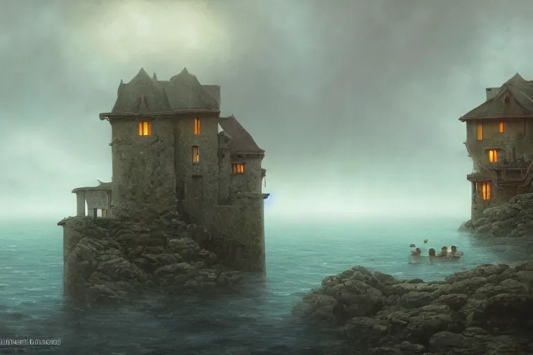 Prompt: submerged under the water of the ocean, a typical european house with a slate roof, submerged under the water of the ocean, school of fishes, scenic view, matte painting by christophe vacher and hubert robert, trending on artstation