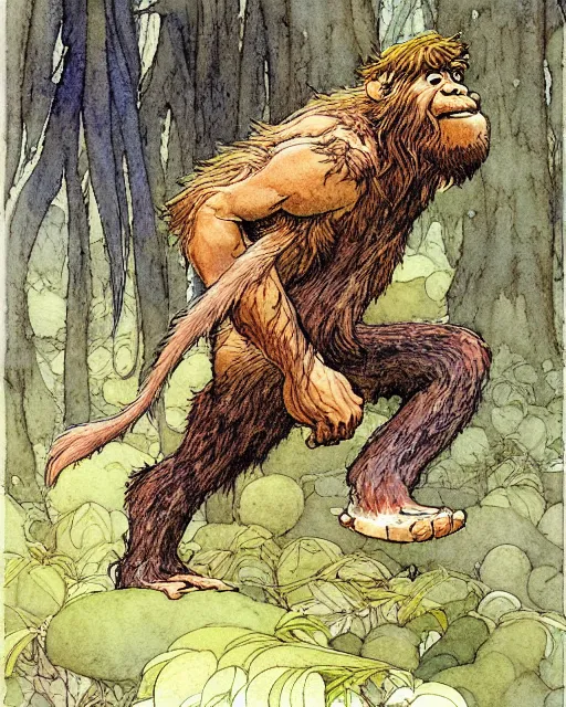 Image similar to a realistic and atmospheric watercolour fantasy character concept art portrait of a chibi bigfoot running through the forest. by rebecca guay, michael kaluta, charles vess and jean moebius giraud