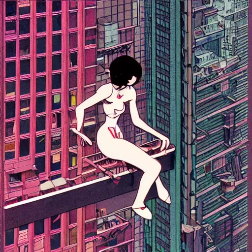 Image similar to Full body portrait of a young woman sitting on the ledge of a high rise building, cyberpunk, cel illustration, exquisitely detailed, Monkey Punch, Hayao Miyazaki, Kazuma Kaneko