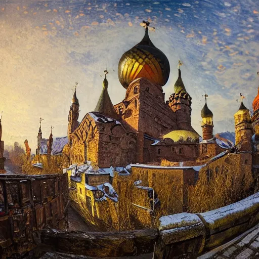 Prompt: photo ancient Slavic Russian city of Kitezh, fisheye lens, painting by Viktor Vasnetsov, concept art, magical city, fantasy cityscape, ancient Slavs, wooden buildings, ancient Russian architecture, terem, hyperborea, top cinematic lighting , cinematic mood, very detailed, 8k, high resolution, trending on artstation, artstationHD,