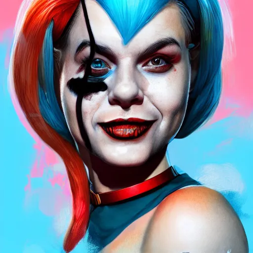 Image similar to Portrait of Harley Quinn but she's a beautiful ape-girl with long pony tails on either side of her head, illustration, by James Jean, artgerm, octane render, by John Coltrane and Marc Simonetti, Manic, graffiti background, kinemacolor, colorful, high detail of the face, full body