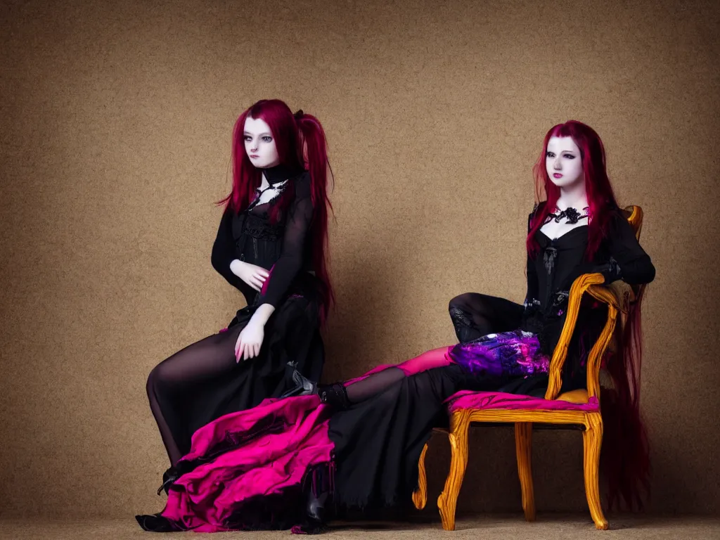 Prompt: full - length photo, young woman, sitting on chair, gothic clothes, 4 k, colourful