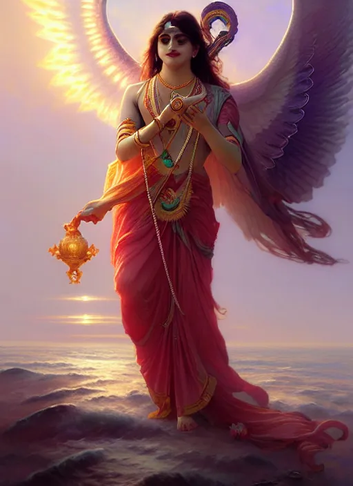 Image similar to : a beautiful cinematic krishna archangel fantasy sea landscape, fantasy magic, dark light night, intricate, elegant, sharp focus, illustration, highly detailed, digital painting, concept art, matte, art by WLOP and Artgerm and Greg Rutkowski and Alphonse Mucha, masterpiece