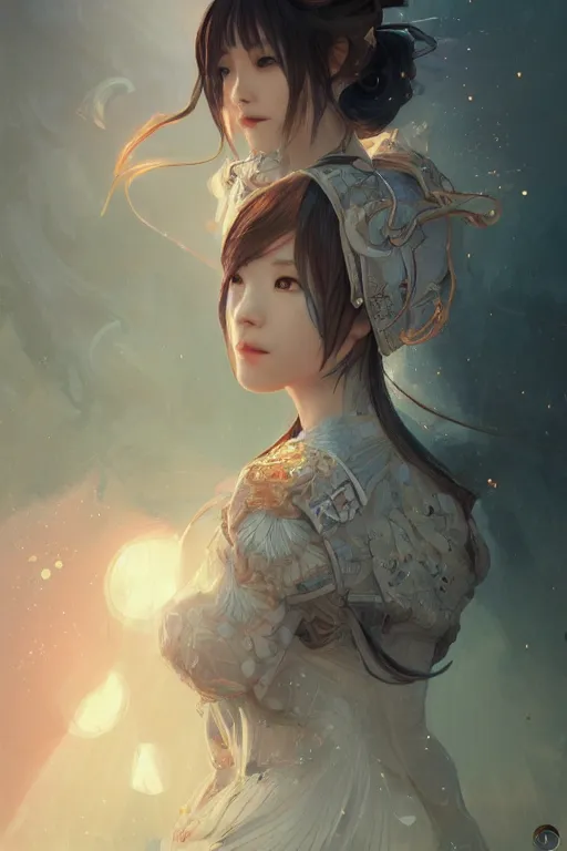 Image similar to portrait online game genshin character ayaka, in ruined fantasy world Sunrise, ssci-fi, fantasy, intricate, very beautiful and elegant, highly detailed, digital painting, artstation, concept art, smooth and sharp focus, illustration, art by tian zi and WLOP and alphonse mucha