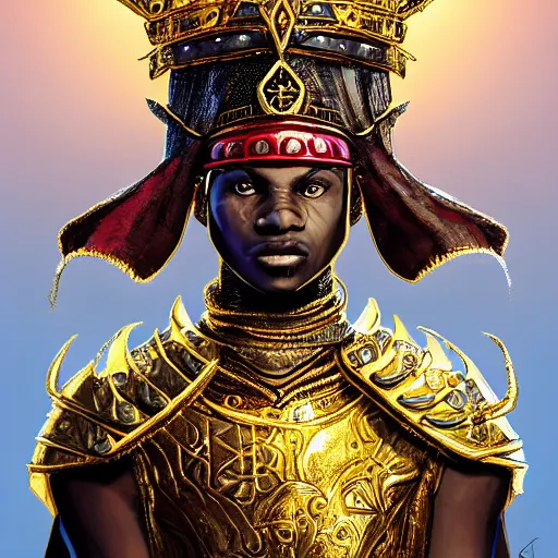 Image similar to a young black boy dressed like an african moorish warrior in gold armor and a crown with a ruby, and a very ornate glowing electric spear!!!, for honor character digital illustration portrait design, by android jones in a psychedelic fantasy style, dramatic lighting, hero pose, wide angle dynamic portrait