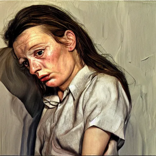 Prompt: high quality high detail painting by lucian freud, hd, angry brunette girl portrait, photorealistic lighting