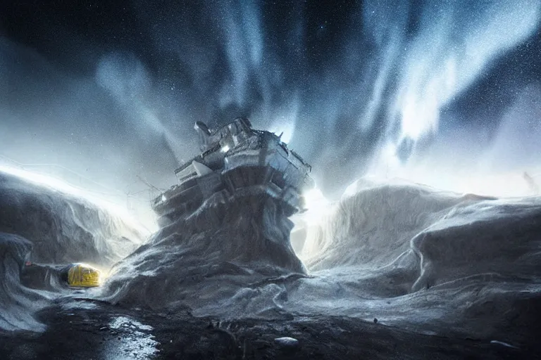 Image similar to favela spaceship cave tornado, snowy arctic environment, industrial factory, cliffs, peaks, bright, milky way, award winning art, epic dreamlike fantasy landscape, ultra realistic,